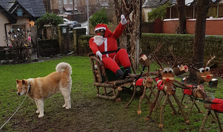 Toffee the Akita leaves Santa Klaus on Vale Park